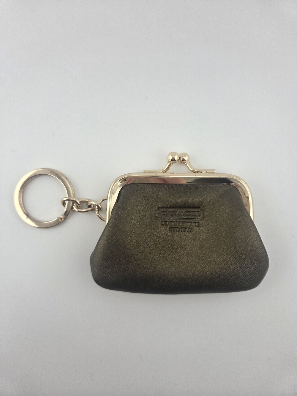 Coach Women's Metallic Bronze Leather Kiss-Lock Keychain Coin Purse Charm